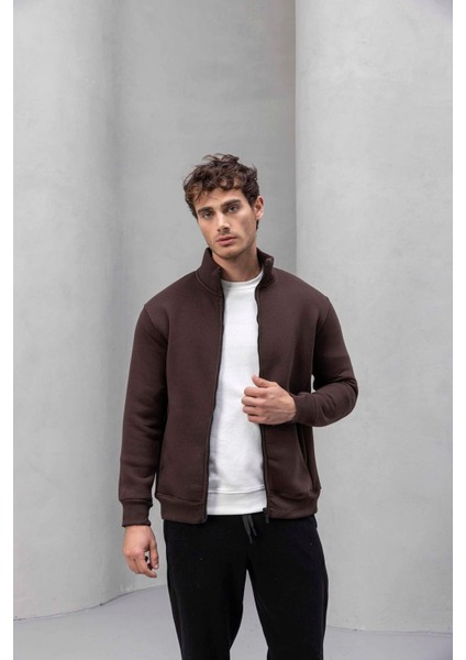 Marcel Regular Fit Fermuarlı Kıstırma Cepli Üç Ip Şardonlu Erkek sweatshirt - Kahve fırsatları