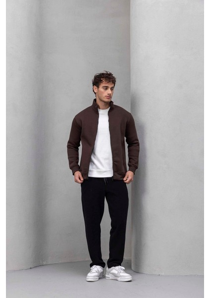 Marcel Regular Fit Fermuarlı Kıstırma Cepli Üç Ip Şardonlu Erkek sweatshirt - Kahve indirimleri