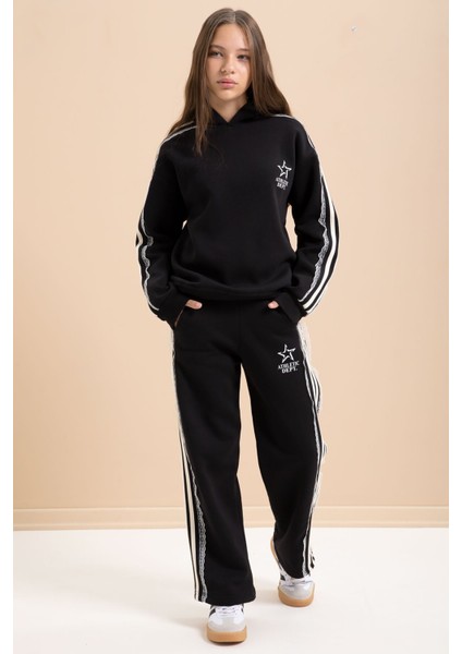 Siyah 3 Iplik Şardonlu Şeritli Dantel Detaylı Kız Çocuk Kapüşonlu Eşofman Takımı 22719