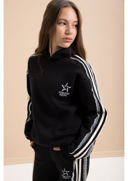 Siyah 3 Iplik Şardonlu Şeritli Dantel Detaylı Kız Çocuk Kapüşonlu Eşofman Takımı 22719 fiyatları