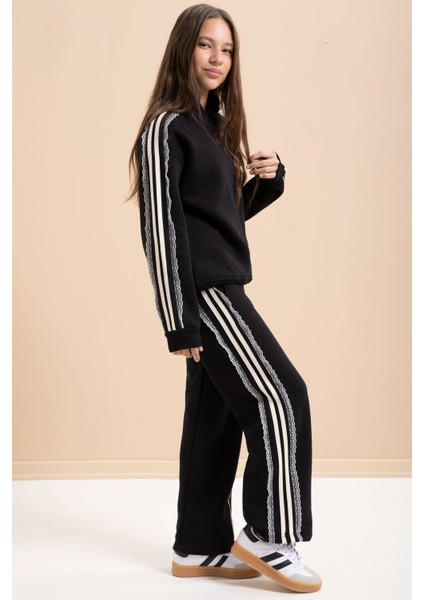 Siyah 3 Iplik Şardonlu Şeritli Dantel Detaylı Kız Çocuk Kapüşonlu Eşofman Takımı 22719 modelleri