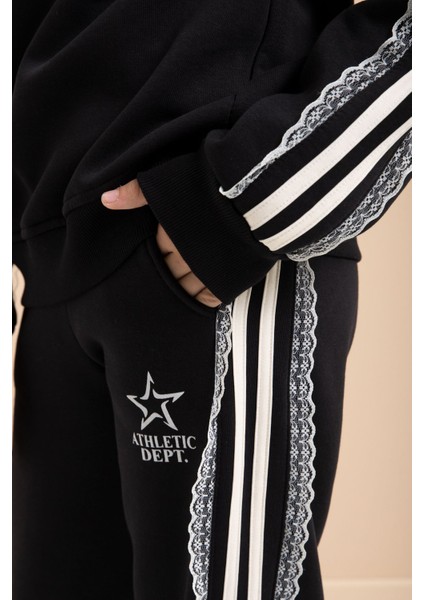 Siyah 3 Iplik Şardonlu Şeritli Dantel Detaylı Kız Çocuk Kapüşonlu Eşofman Takımı 22719 fırsatları