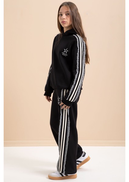 Siyah 3 Iplik Şardonlu Şeritli Dantel Detaylı Kız Çocuk Kapüşonlu Eşofman Takımı 22719 indirimleri