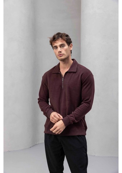 Eric Relax Fit Yarım Fermuarlı Polo Yaka Selanik Kumaş Erkek Sweatshirt - Bordo