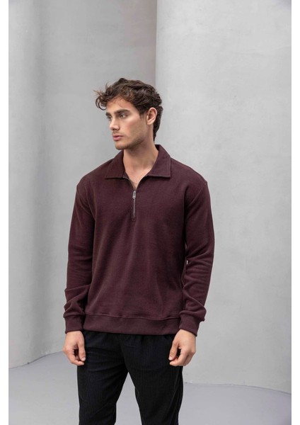 Eric Relax Fit Yarım Fermuarlı Polo Yaka Selanik Kumaş Erkek Sweatshirt - Bordo indirimleri