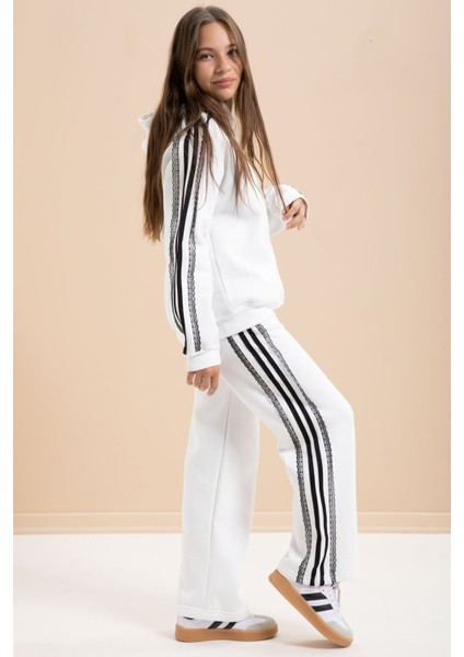 Beyaz 3 Iplik Şardonlu Şeritli Dantel Detaylı Kız Çocuk Kapüşonlu Eşofman Takımı 22720 fiyatları