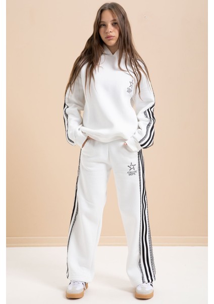Beyaz 3 Iplik Şardonlu Şeritli Dantel Detaylı Kız Çocuk Kapüşonlu Eşofman Takımı 22720 fırsatları