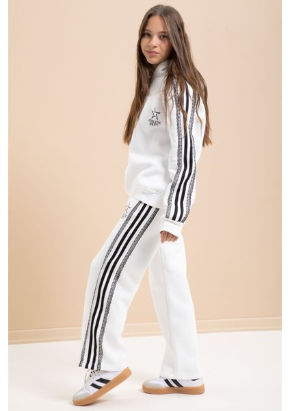 Beyaz 3 Iplik Şardonlu Şeritli Dantel Detaylı Kız Çocuk Kapüşonlu Eşofman Takımı 22720 indirimleri