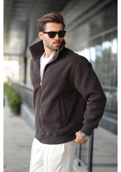 Füme Fermuarlı Dik Yaka Erkek Polar Hırka E7166