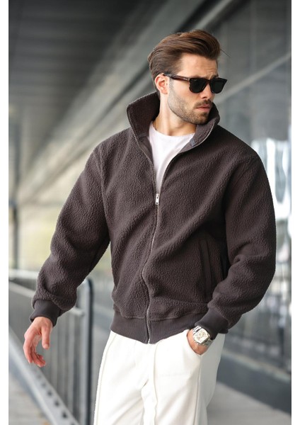 Füme Fermuarlı Dik Yaka Erkek Polar Hırka E7166 modelleri