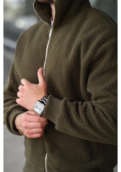 Haki Fermuarlı Dik Yaka Erkek Polar Hırka E7166 modelleri