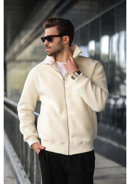 Beyaz Fermuarlı Dik Yaka Erkek Polar Hırka E7166