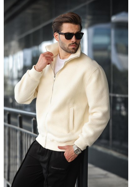 Beyaz Fermuarlı Dik Yaka Erkek Polar Hırka E7166 modelleri