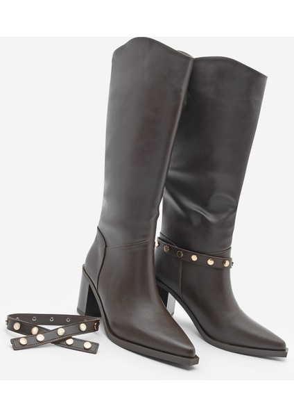 Kadın Sivri Burun Fermuarsız Çıkarılabilen Tokalı Troklu Zımbalı Topuklu Çizme Fuslep indirimleri