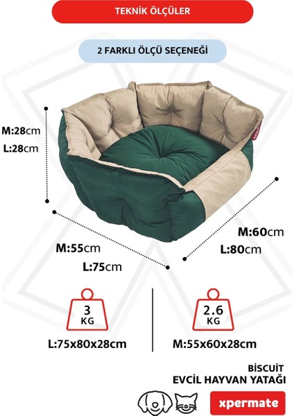 Biscuit Kedi Yatağı ve Köpek Yatağı ,Tüy Tutmaz Kumaş, Su Itici Kumaş Yeşil Bej modelleri