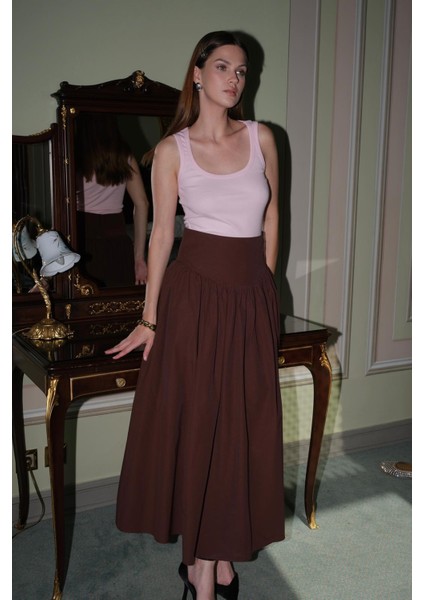 Poplin Yüksek Bel Midi Etek