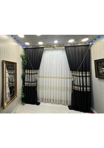 Nivemeshome Lotus Gold Işlemeli 1/2,5 Sık Pileli Tül Perde Apm