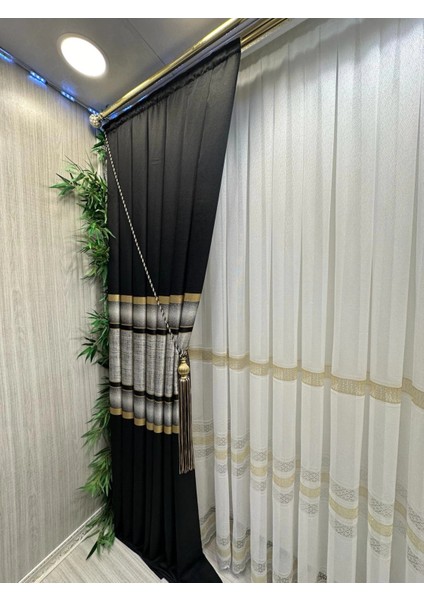 Nivemeshome Lotus Gold Işlemeli 1/2,5 Sık Pileli Tül Perde Apm