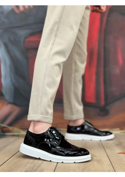BA0003 Bağcıklı Klasik Siyah Beyaz Taban Rugan Yüksek Taban Casual Erkek Ayakkabı