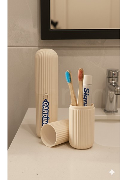 Bej Pratik Seyahat Tipi Diş Macun Fırça Saklama ve Taşıma Kabı Diş Fırçalık