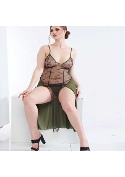 Mdb Mdbshop Büyük Beden Yeşil Dantelli Tül Fantezi Uzun Yırtmaçlı Gecelik