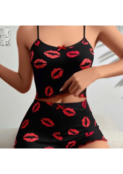 Mdb Mdbshop Pamuklu Kiss Öpücük Desen Siyah Fitilli Şortlu Pijama Takımı