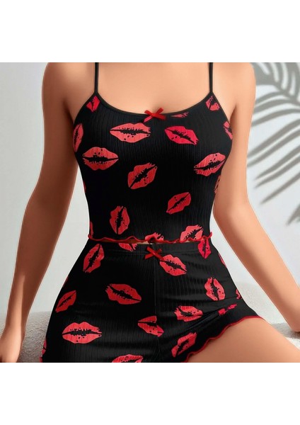 Mdb Mdbshop Pamuklu Kiss Öpücük Desen Siyah Fitilli Şortlu Pijama Takımı fiyatları