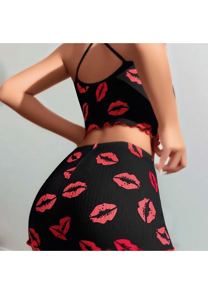 Mdb Mdbshop Pamuklu Kiss Öpücük Desen Siyah Fitilli Şortlu Pijama Takımı modelleri