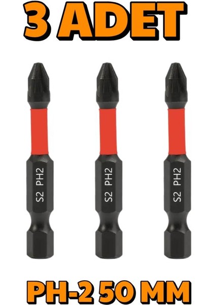 3 Adet Ph-2 50 mm Mıknatıslı S2 Çelik Bits Uç Matkap Ucu