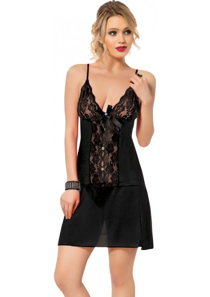 Mdb Mdbshop Siyah Dantel Işlemeli Ince Askılı Fantezi Tül Gecelik Takımı