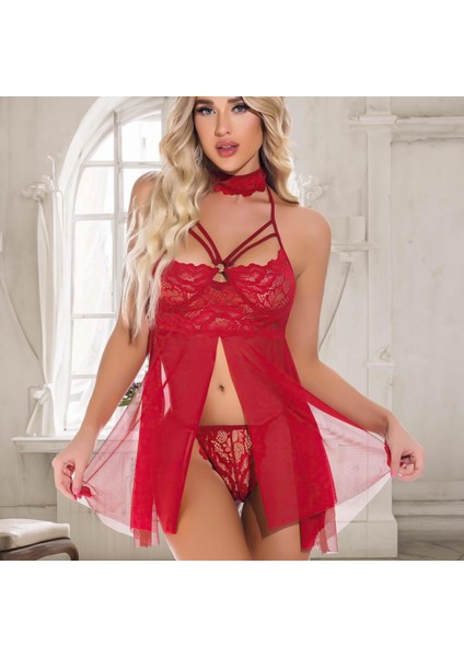 Mdb Mdbshop Kırmızı Dantel Işlemeli Fantezi Tül Gecelik Takımı