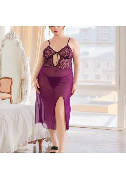 Mdb Mdbshop Büyük Beden Mor Dantelli Tül Fantezi Uzun Yırtmaçlı Gecelik fiyatları