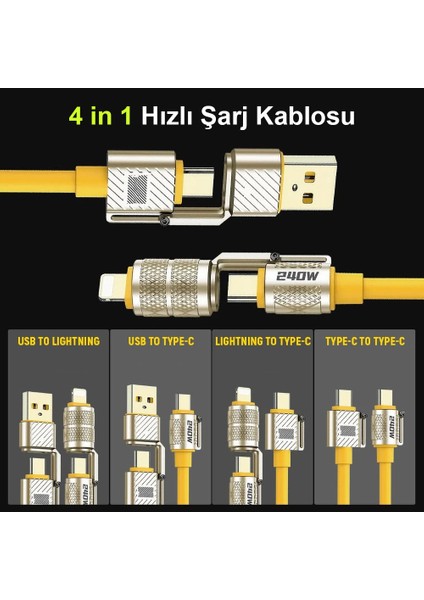 240W 4 In 1 USB C - Lightning Pd Quickcharge 2 mt Telefon Tablet Notebook Silikon Metal Hızlı Şarj Kablosu CDG-CNV89 modelleri