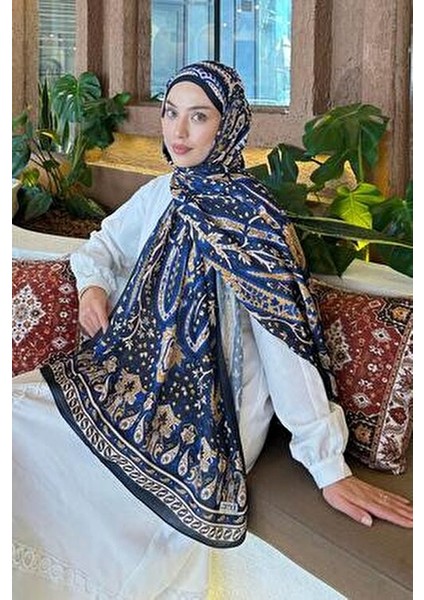 Retro Desen Pamuk Şal 70 x 180 cm Lacivert Gold Hafif ve Nefes Alan Kumaş