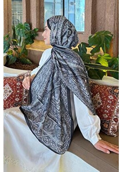 Retro Desen Pamuk Şal 70 x 180 cm Siyah Vizon Renk