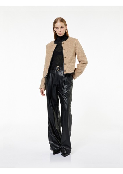 Yüksek Bel Cep Detaylı Palazzo Suni Deri Pantolon