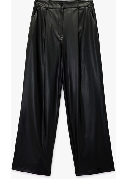 Yüksek Bel Cep Detaylı Palazzo Suni Deri Pantolon modelleri