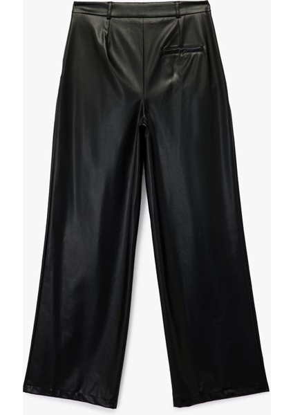 Yüksek Bel Cep Detaylı Palazzo Suni Deri Pantolon fırsatları