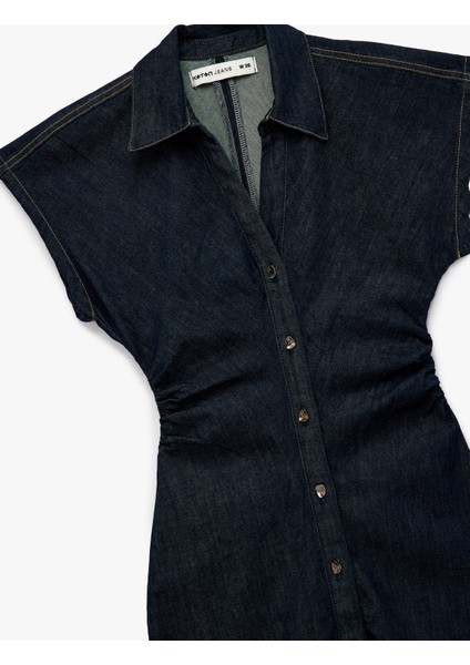 Pamuklu Düğmeli Drapeli Kısa Kollu V Yaka Midi Denim Elbise modelleri