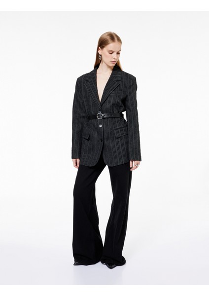 Geniş Yaka Kemerli Düğmeli Cep Detaylı Çizgili Blazer Ceket