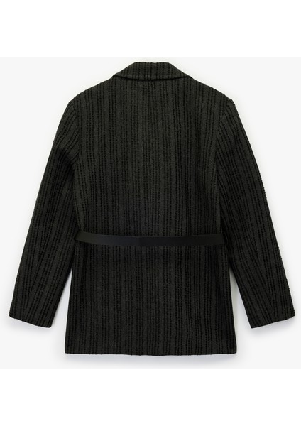 Geniş Yaka Kemerli Düğmeli Cep Detaylı Çizgili Blazer Ceket fırsatları