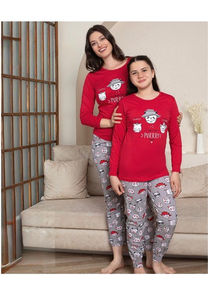 Anne-Kız Çocuk Pamuklu Penye Kumaş Kırmızı Renk Kedicik Desenli Pijama Takımı