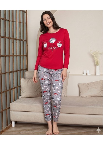 Anne-Kız Çocuk Pamuklu Penye Kumaş Kırmızı Renk Kedicik Desenli Pijama Takımı modelleri