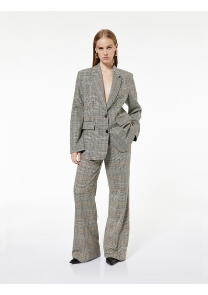 Geniş Yaka Viskon Karışımlı Cep Detaylı Düğmeli Ekoseli Blazer Ceket