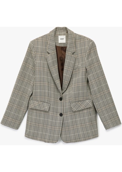 Geniş Yaka Viskon Karışımlı Cep Detaylı Düğmeli Ekoseli Blazer Ceket modelleri