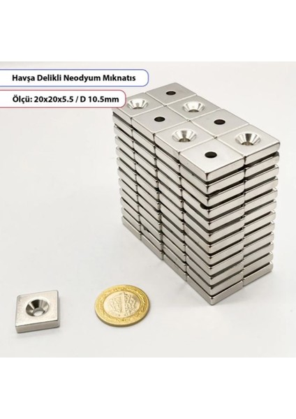 Havşa Delikli Neodyum Mıknatıs 20X20X5MM -Havşa 10.5 - Delik-2mm modelleri