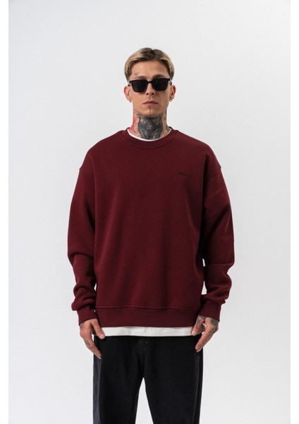 Erkek Respire Yazı Detaylı Basic Oversize Sweatshirt Bordo