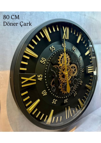 Döner Çarklı Metal Kasa Siyah-Gold Dekoratif Duvar Saati