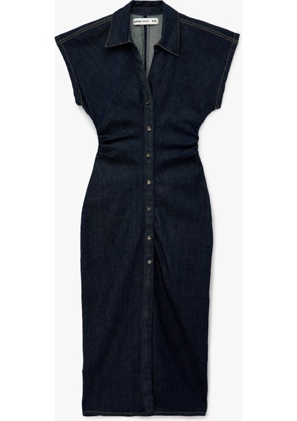 Pamuklu Düğmeli Drapeli Kısa Kollu V Yaka Midi Denim Elbise