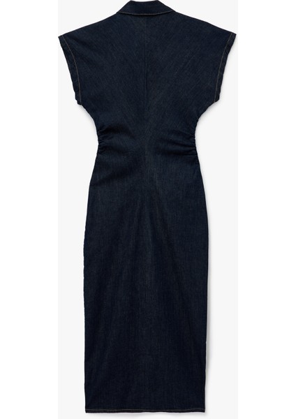 Pamuklu Düğmeli Drapeli Kısa Kollu V Yaka Midi Denim Elbise fiyatları